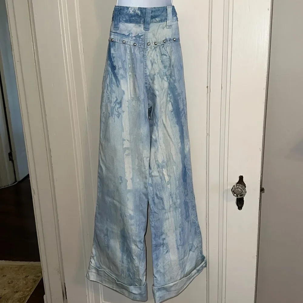 Vintage 70s Mambro Girls Blue Tie-Dye Bell Bottom Cuffed Jeans with Silver Studs